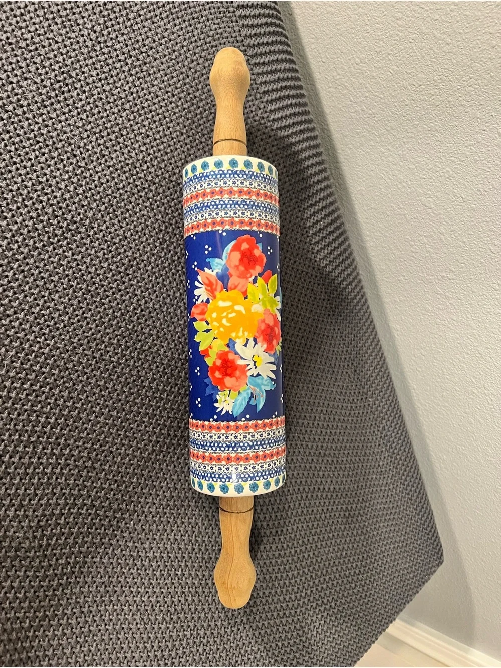 The Pioneer Woman Fiona Floral Ceramic Rolling Pin, Retired, Wood Handles 18in